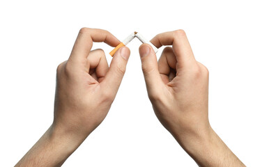 Stop smoking. Man holding broken cigarette on white background, closeup