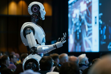 A charismatic cybernetic robot businessman giving a keynote speech at a high-profile tech conference, engaging a captivated audience , hyper realistic, low texture, low noise
