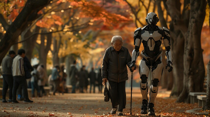 A compassionate cybernetic robot assisting an elderly person with a walk in a serene park, gentle assistance ensuring safety and comfort , hyper realistic, low texture, low noise