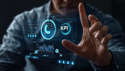 A man is holding a hand up to a screen that displays a graph of KPIs