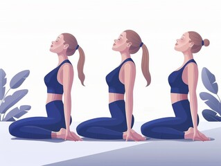 Obraz premium Three animated women performing a stretching workout with content smiles in a serene setting.