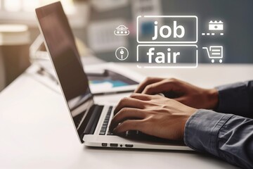 A man is typing on a laptop with the words job fair and job on the screen