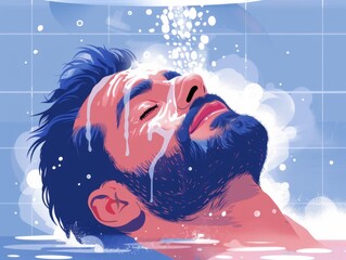 An illustration of a bearded man joyfully applying face wash, with a splash of water and foam on his face.