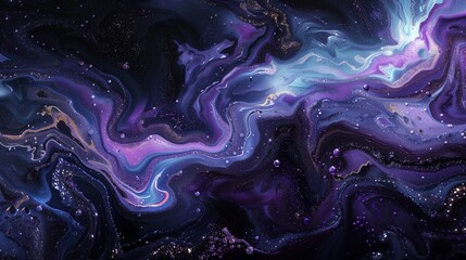 Obraz premium Liquid opal shimmering amidst a canvas of midnight blacks and royal purples.
