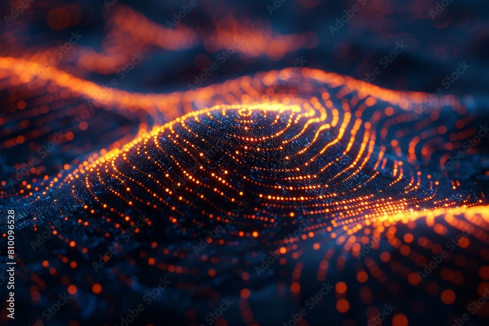 Poster dynamic wave pattern of glowing orange lines suggesting a digital landscape or data stream on a dark