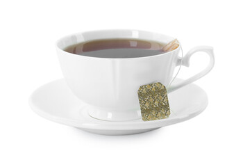 Tasty tea in cup isolated on white
