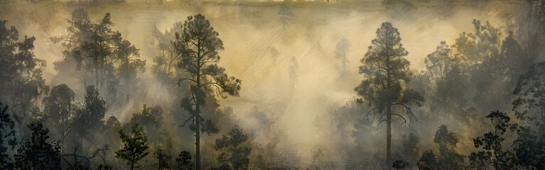 Mist rising in a forested upland area, with tall pines partially obscured by the early morning fog