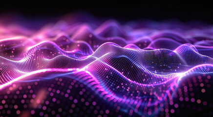 Music abstract background. Equalizer for music, showing sound waves with musical waves, background equalizer. 3d rendering. a close up of a wave of purple light on a black background. Generative AI.