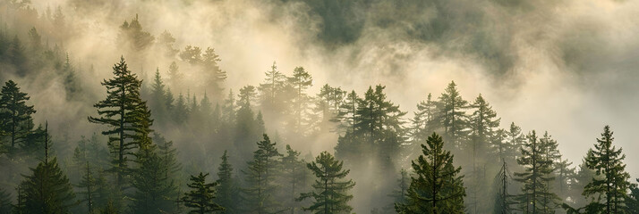 Mist rising in a forested upland area, with tall pines partially obscured by the early morning fog