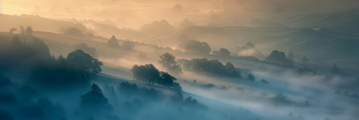Misty hillocks at dawn, the soft mist enveloping the landscape and creating a mystical atmosphere, captured with a high clarity camera using a telephoto lens