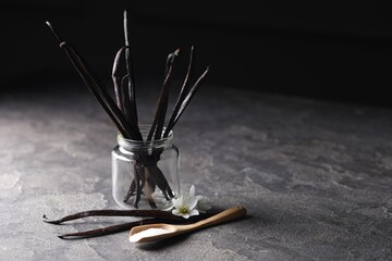 Spoon with sugar, flowers and vanilla pods on grey textured table, closeup. Space for text