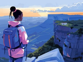 Illustrated young African woman in warm clothing overlooking a scenic mountain landscape at dawn or dusk.
