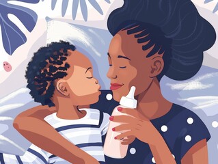 Top view of an illustrated new mom soothing her baby at home, with loving affection and a bottle in hand.