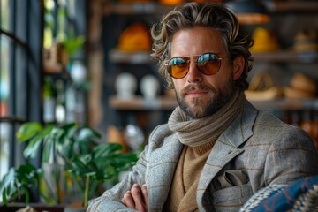 Fototapeta premium Stylish man in sunglasses sits in a contemporary café, presenting a fusion of fashion and urban lifestyle