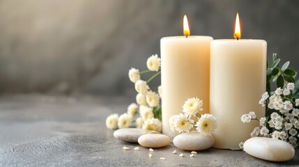   A couple of candles atop a table, nearby rocks, and a vase with flowers