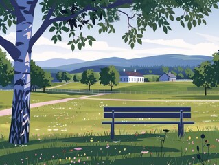 Vector illustration of a serene park scene with a bench under a tree, overlooking a distant house and mountains on a sunny day.