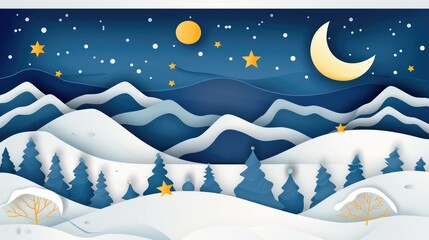 style image of vintage art winter snow sky moon stars swirl downhill landscape AI generated