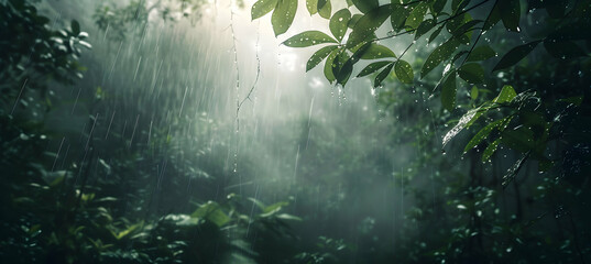 Moody and atmospheric shot of a cloud forest after rain, with water droplets hanging from leaf tips...