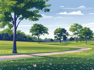 Vector illustration of a serene park landscape with green trees, a winding path, and flowers, isolated on white.