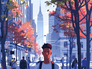 Illustration of an African teenage boy with a backpack on a bustling college campus amid autumn trees.