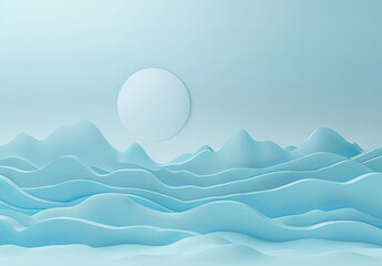 Paper art style landscape with rolling blue hills and a white moon on a sky-blue background