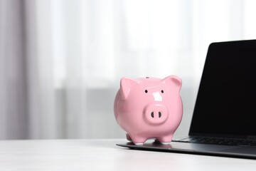 Piggy bank and laptop on white table indoors. Space for text