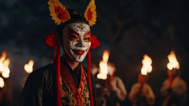 Carnival mask, devil worshiper ritual, a guy in ancient mask and traditional dress in a temple with people holding torch in the background Generative AI