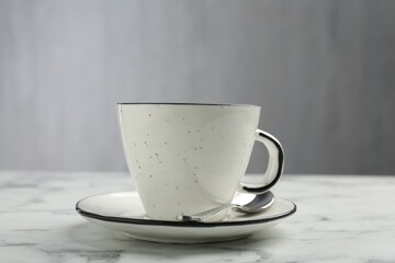 Coffee cup, spoon and saucer on white marble table, closeup