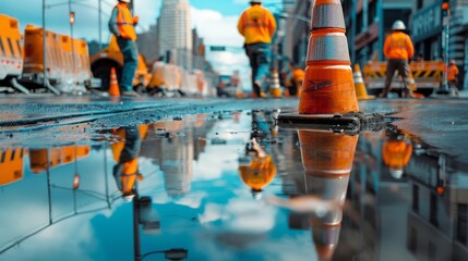 Street Lined with Many Orange Cones and Construction Truck in Distance