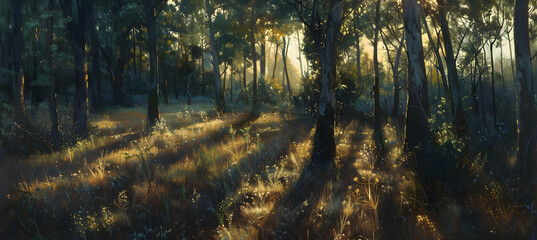 Panoramic view of a scrub forest at sunset, with the setting sun casting long shadows and...