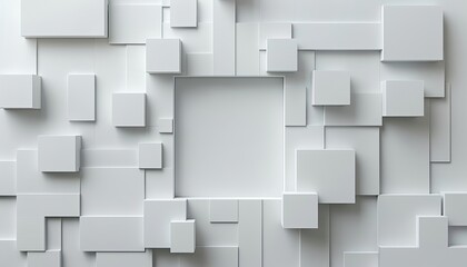 A 3D rendering of white geometric boxes with one central frame for potential display or mock-up uses