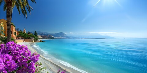 Scenic view of Menton town on the French Riviera with beautiful beaches. Concept Travel, Menton...