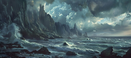 Rocky shoreline with jagged cliffs and turbulent ocean waves crashing against them under a stormy...