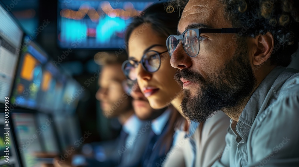 Poster Group of diverse investors and market analysts gathered around a computer screen, eagerly watching the earnings reports of the mentioned companies. They should be engaged and focused. Generative AI.