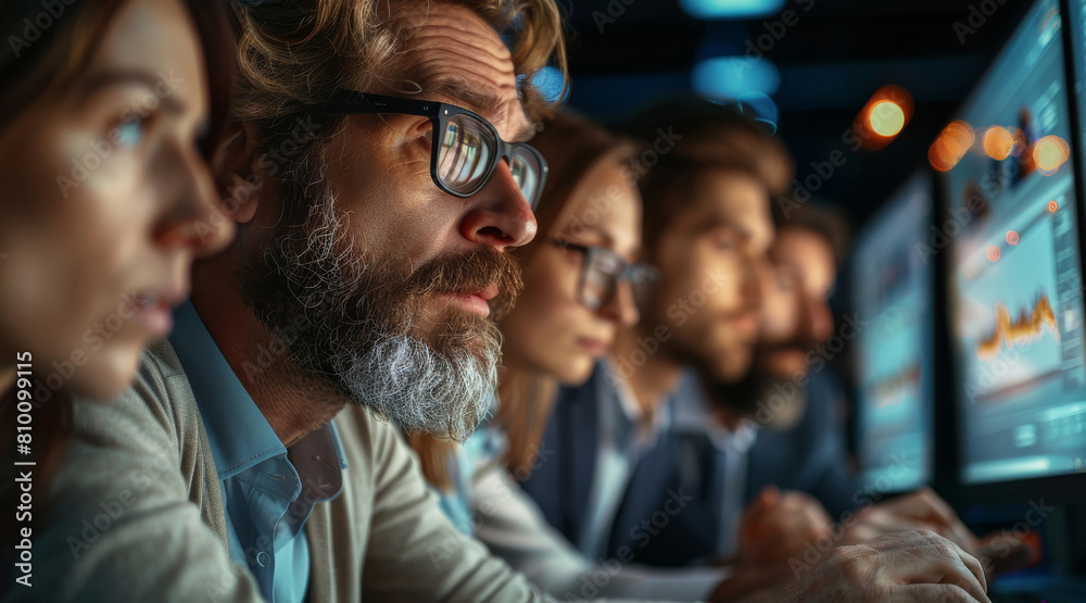 Poster group of diverse investors and market analysts gathered around a computer screen, eagerly watching t