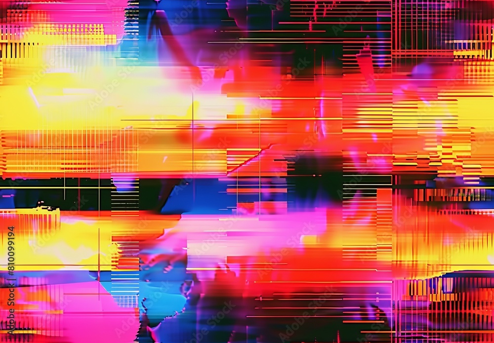 Poster An abstract digital art image featuring a vibrant glitch effect with bold colors and distorted lines