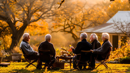 Four senior friends enjoy a tranquil gathering in a scenic autumn backyard at golden hour. - Powered by Adobe