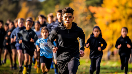 Young athletes in a cross country race during autumn, showcasing fitness, competition, and the beauty of running outdoors.