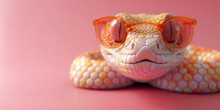 A yellow and white snake with glasses. Funny python on pink gradient background. Fashion style. Funny animal for banner, flyer, poster, card with copy space