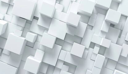 An abstract 3D illustration with a multitude of white cubes protruding at different lengths creating a clean, modern pattern