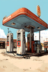 illustrated gas station 70s, gas station in the 70s illustrated, illustration at gas station