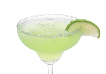 Delicious Margarita cocktail with ice cubes in glass, salt and lime isolated on white