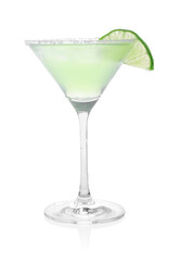 Delicious Margarita cocktail in glass, salt and lime isolated on white