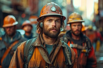 Fototapeta premium Serious-faced construction workers in hard hats pose in a busy city environment, representing teamwork and labor