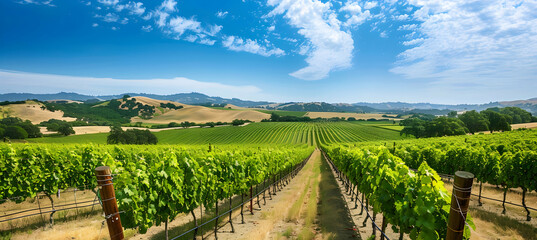 Rows of lush green grapevines stretching towards a distant horizon under a clear blue sky,...