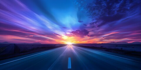 Travel through endless road horizon sunset captivating landscape and sky highway. Concept Travel Photography, Sunset Scenery, Road Trip Adventure, Skyline Views, Connecting with Nature
