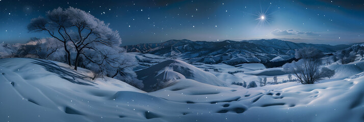Snow-covered hillocks under a starry winter night sky, the landscape illuminated by moonlight, captured with crystal clear clarity using night photography techniques