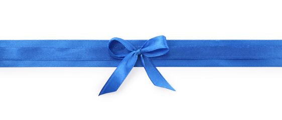 Blue satin ribbons with bow isolated on white, top view