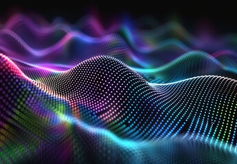 A digital artwork featuring a rhythmic pattern of colorful dots forming a 3D wave, evoking a sense of motion and technology