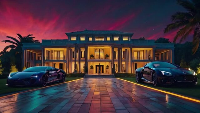 Luxurious billionaire palace with two sports car in front, majestic millionaire house with beautiful red sky Generative AI